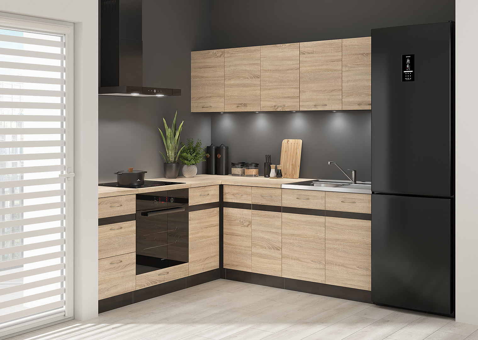 Komplet kuchenny narożny Junona Line 200x200 prawy dąb sonomaz blatem
