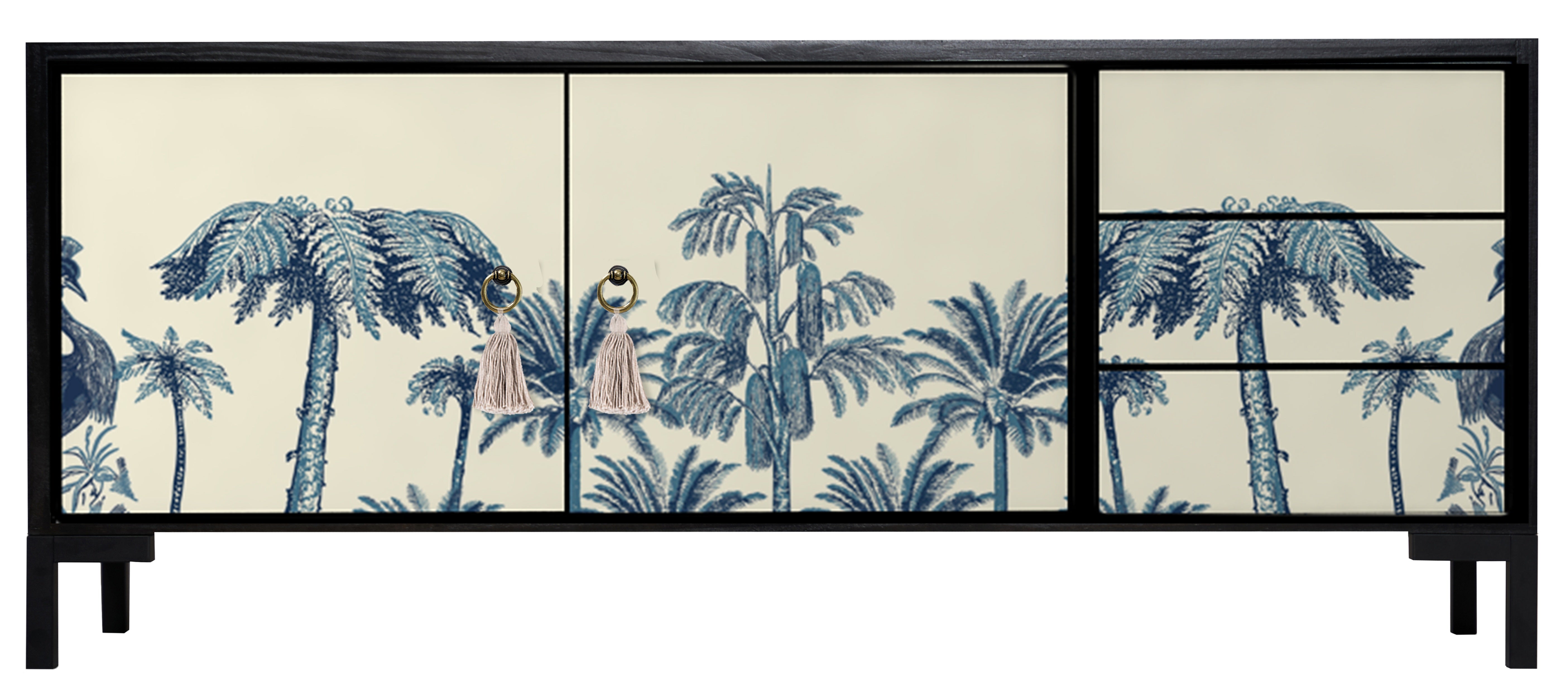 Meubel TV 2 deuren 3 lades JAN gelakt MDF met vintage palmprint