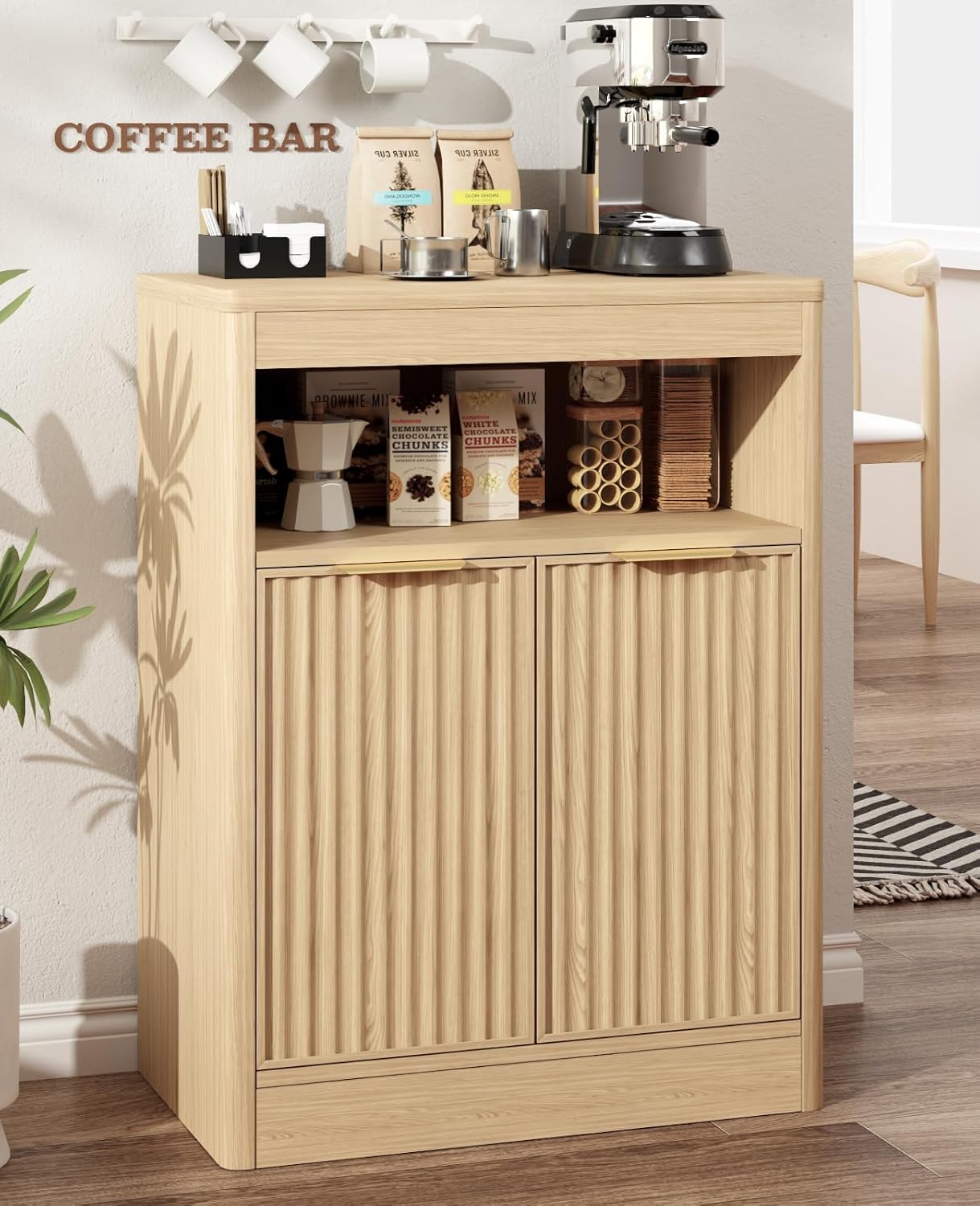 Fluted Buffet Cabinet with Storage, Small Coffee Bar Cabinet with Doors & Adjustable Shelves, Wood Storage Cabinet for Kitchen, Living Room, Entryway, Oak