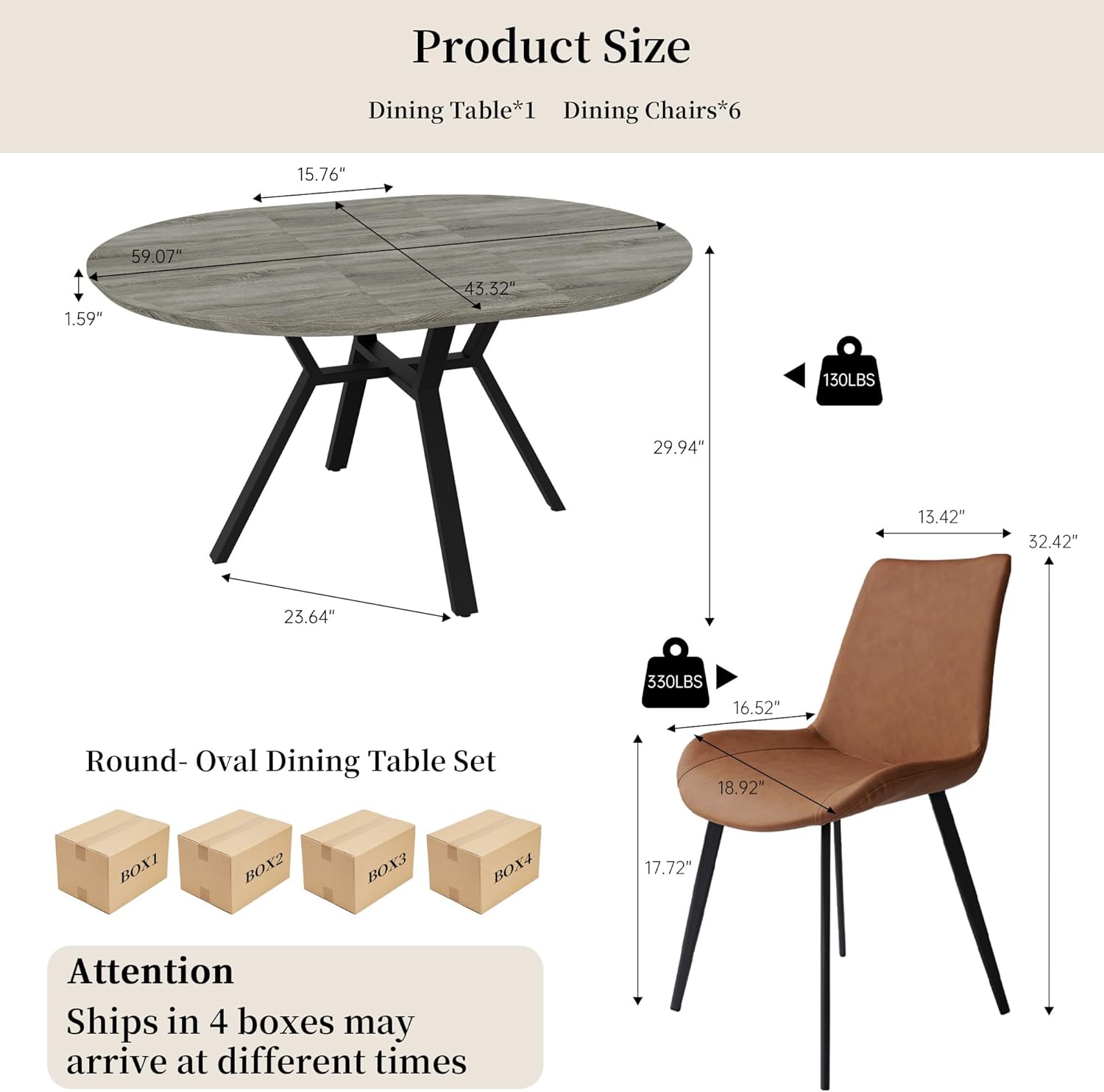 Extendable Round Dining Table Set for 6 People, 43.3-59.1 Extendable Kitchen Table with 6 Upholstered Chairs, Space Saving for Kitchen Dining Room (Grey Table+6 Brown Chairs)