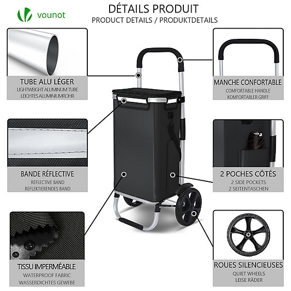 Chariot de course pliable aluminium 2 roues avec sac isotherme noir VOUNOT