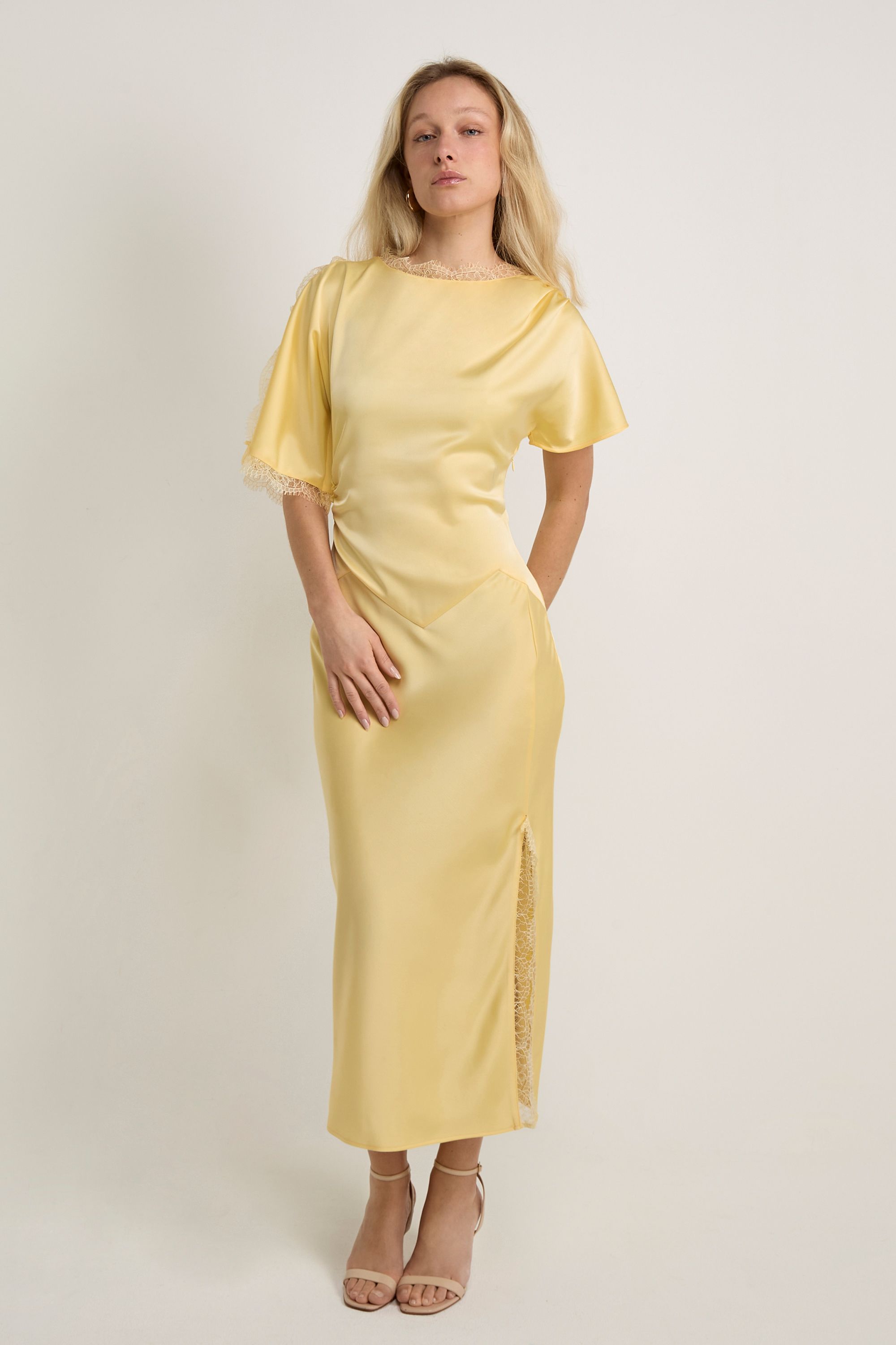 GWD by GEORGE W. DAVIES GWD Rowana Yellow Satin Lace Detail Maxi Dress