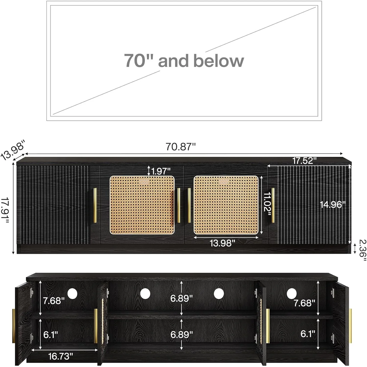 70.9 Inches Wood Console TV Stands Cabinet with 6 Tiers Storage Shelf