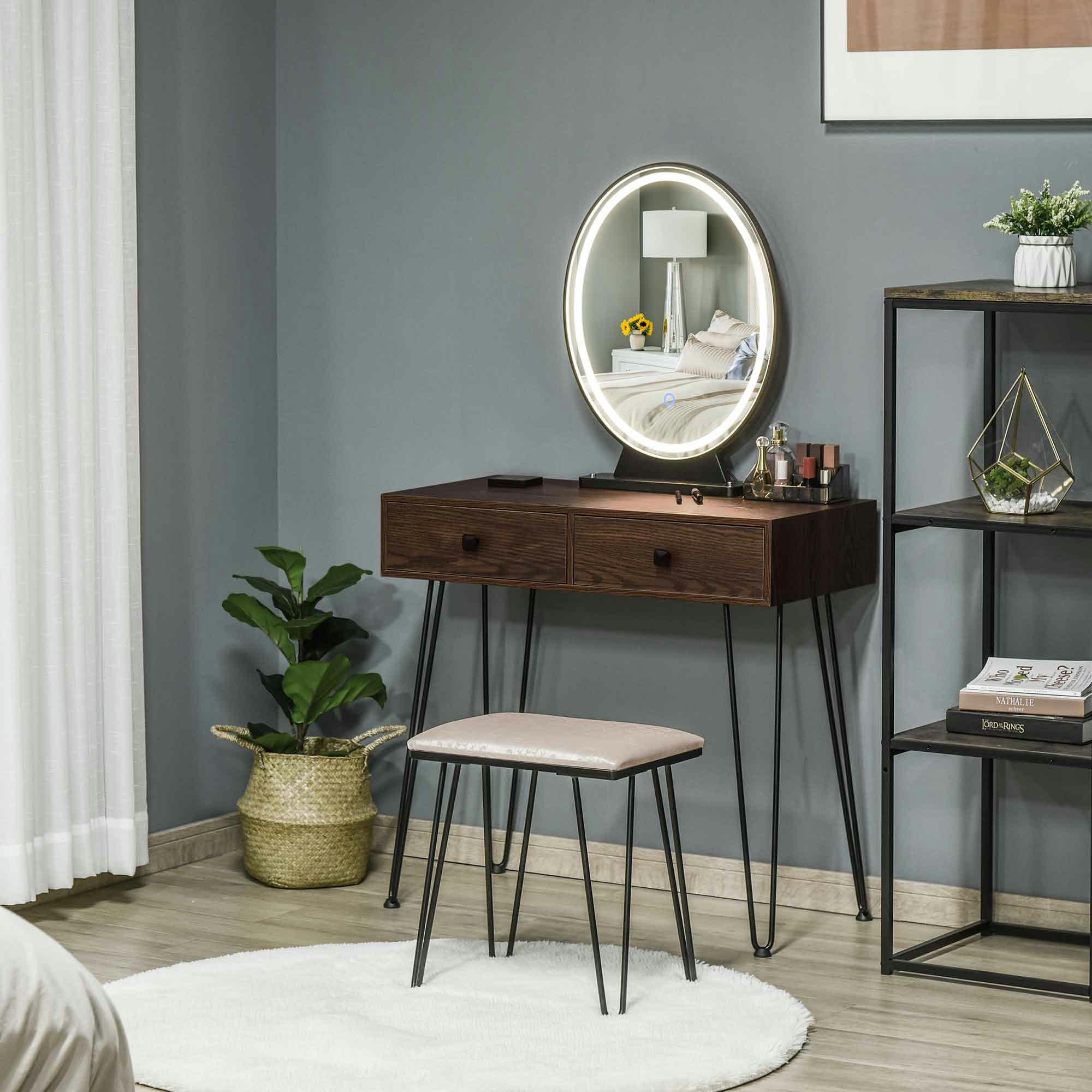 - Coiffeuse design 2 tiroirs organisateur miroir LED tabouret inclus