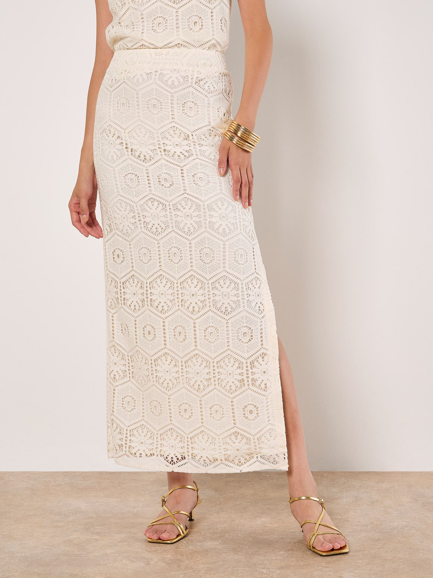Apricot Crochet Lace Side Split Maxi Skirt