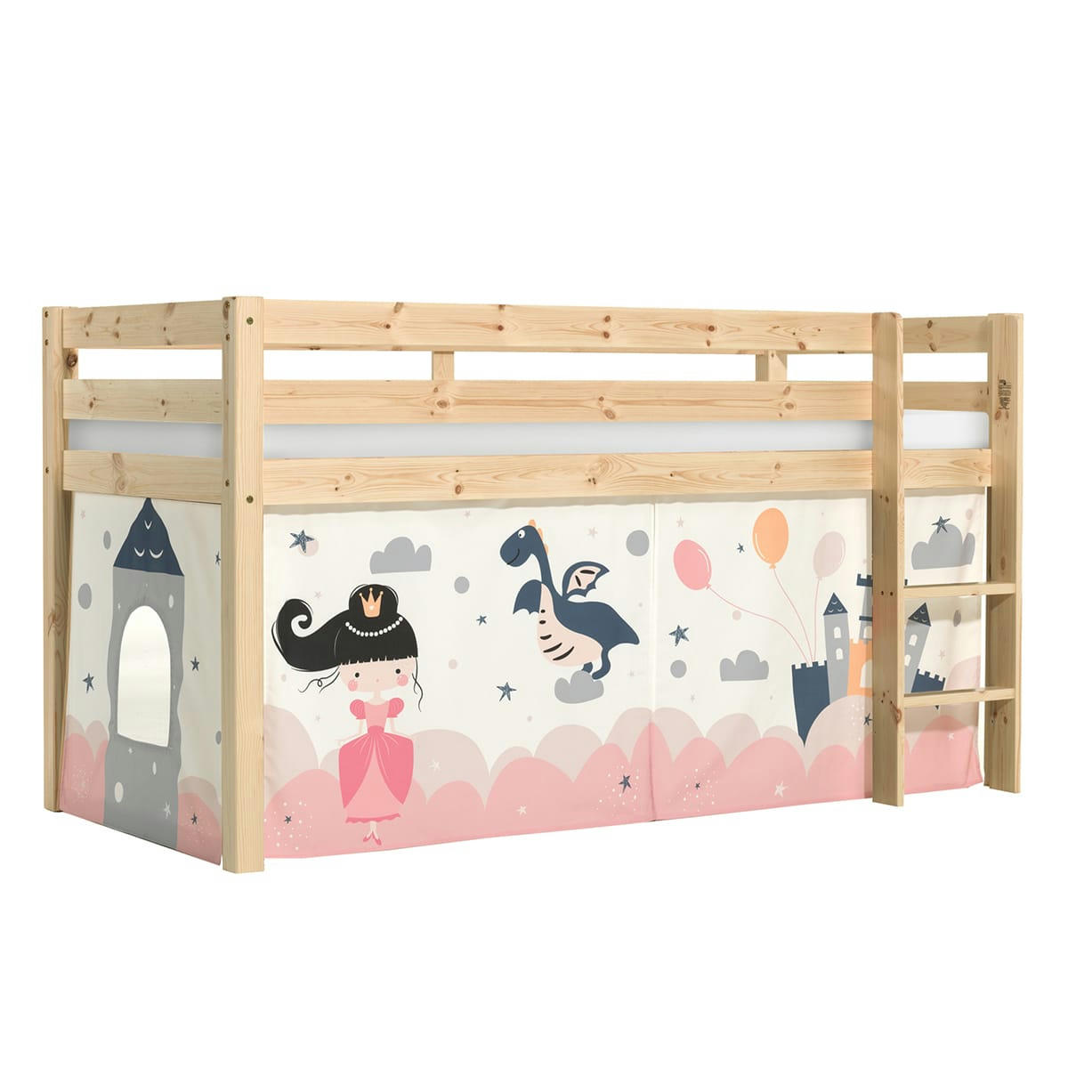 PINO - Lit mi-hauteur 90x200 sommier inclus housse fairy naturel