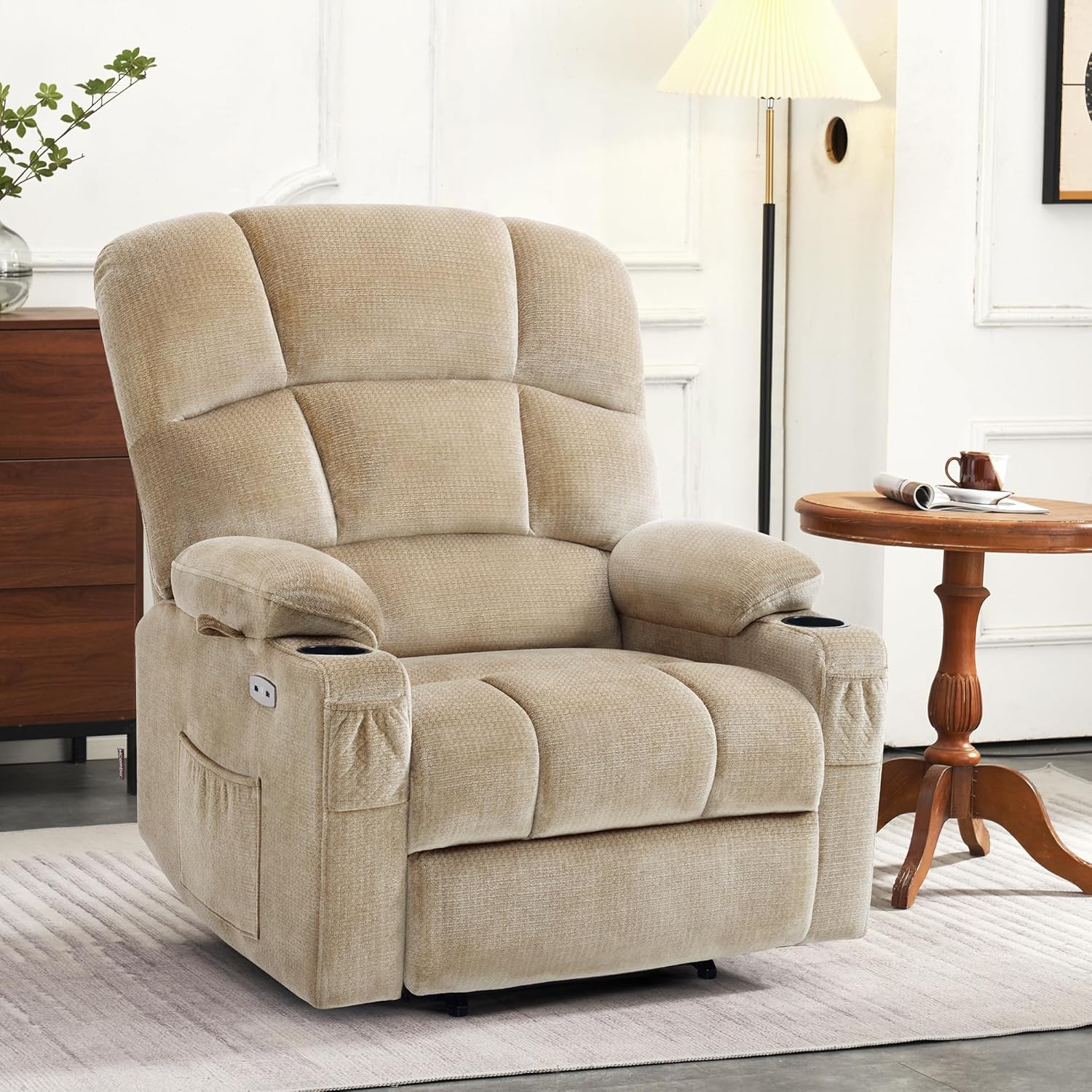MCombo Oversized Dual Motor Power Lift Recliner Chair Sofa with Massage and Heat for Big Elderly People, Infinite Position, USB Ports, Fabric R7688 (Beige, Large-Oversize)