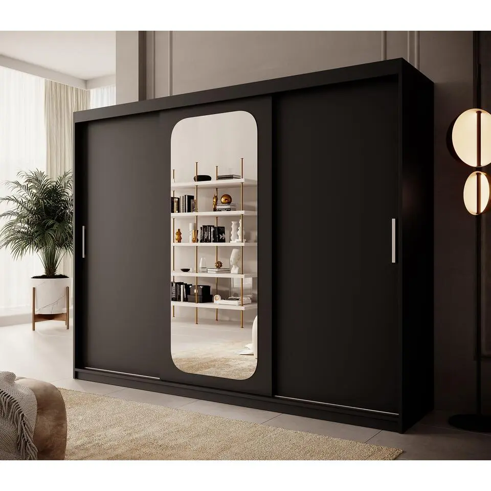 Meubella - Kledingkast Pete - Zwart - 250 cm - Met spiegel