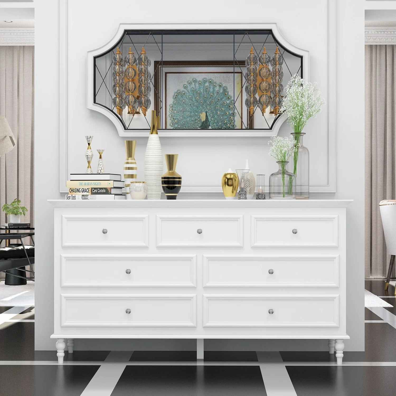 Contemporary 7 Drawer Bedroom Dresser with Modern Silver Color Handles