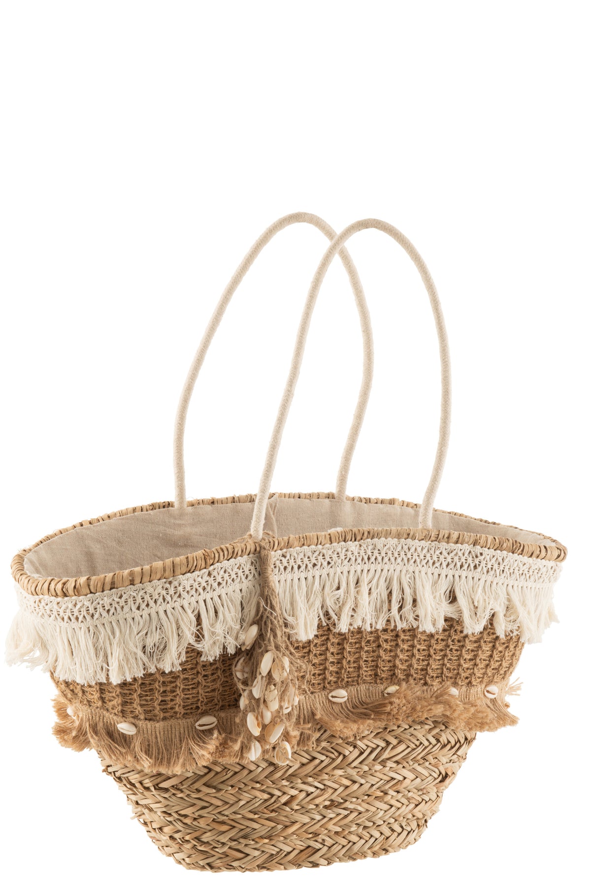 J-Line strandtas Riet Kwastjes - jute - naturel/ecru
