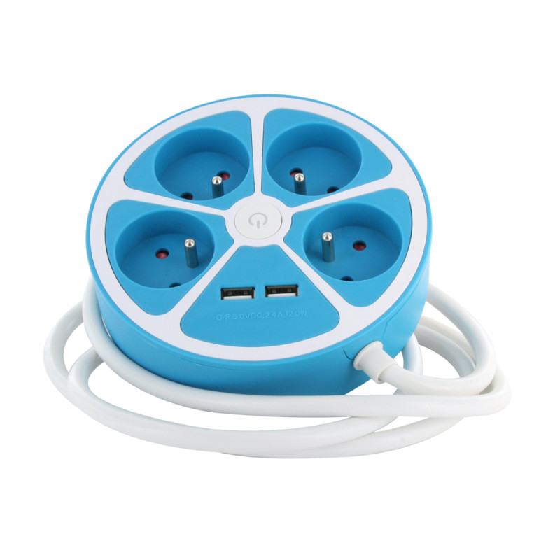 Multiprise circulaire 4 prises 2 USB bleu 1,5 m CHACON