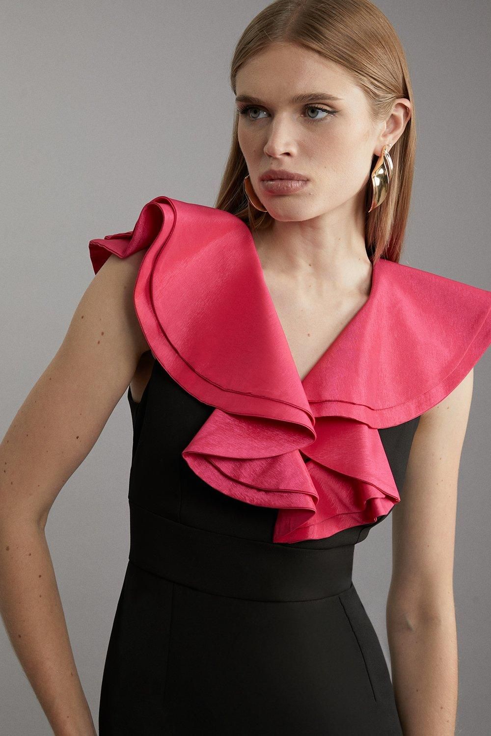 KarenMillen Compact Stretch Taffeta Ruffle Tailored Midi Dress