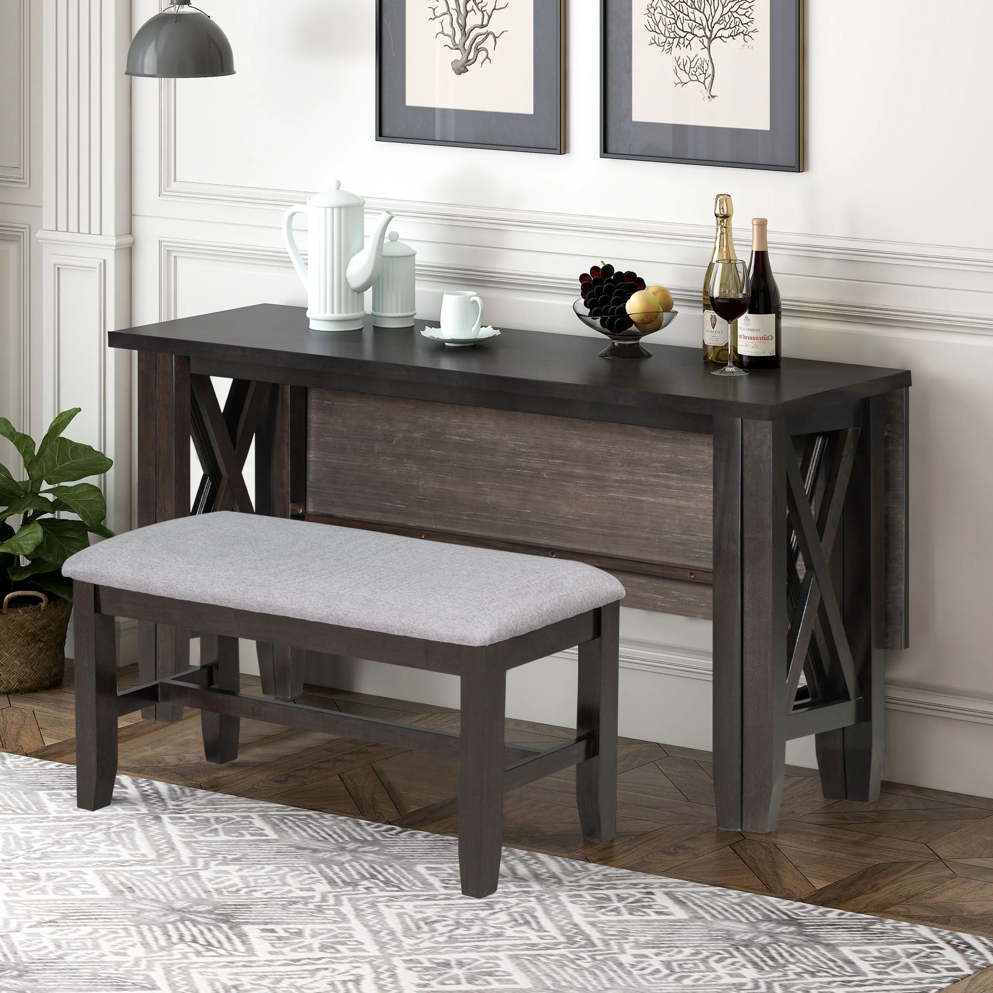 6-Piece Family Dining Room Set Solid Wood Space Saving Foldable Table and 4 Chairs with Bench for Dining Room