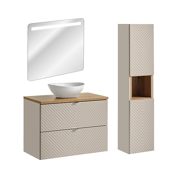 Ensemble meuble simple vasque 80cm 2 tiroirs miroir LED et colonne Manoa Cachemire et Bois
