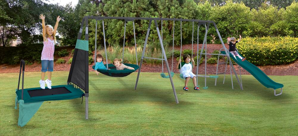 Sportspower Outdoor Ravine Metal Swing Set Combo, 2 Swings, Glider, Trampoline & Saucer