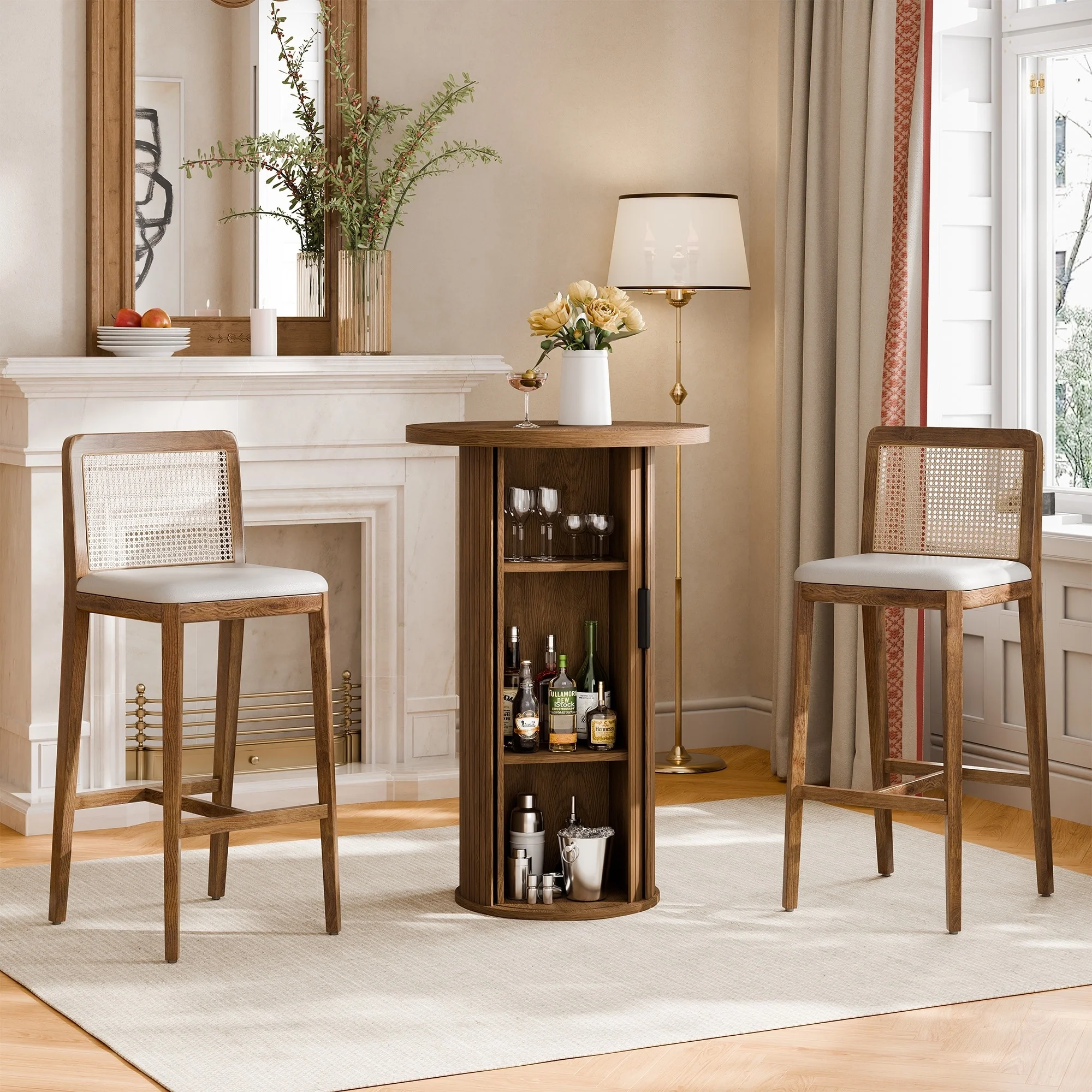 Small Tambour Dining Table with Three-Layer Storage Shelf, 36 Tall Round Bar Table - N/A