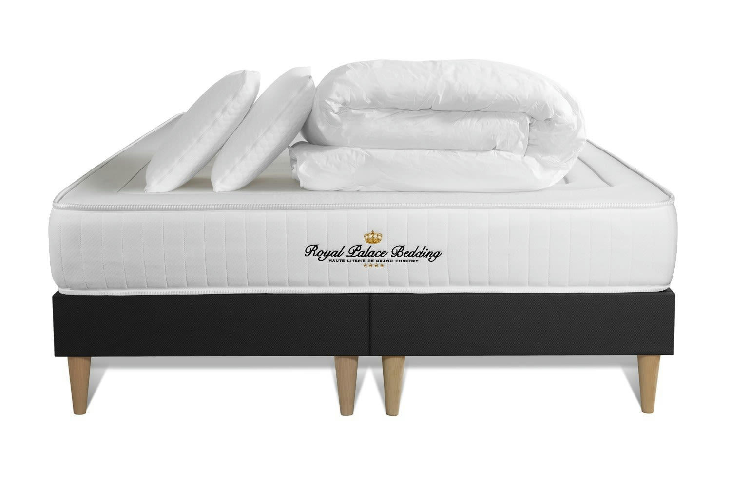 LANCASTER - Pack matelas sommier 200x200 oreiller couette