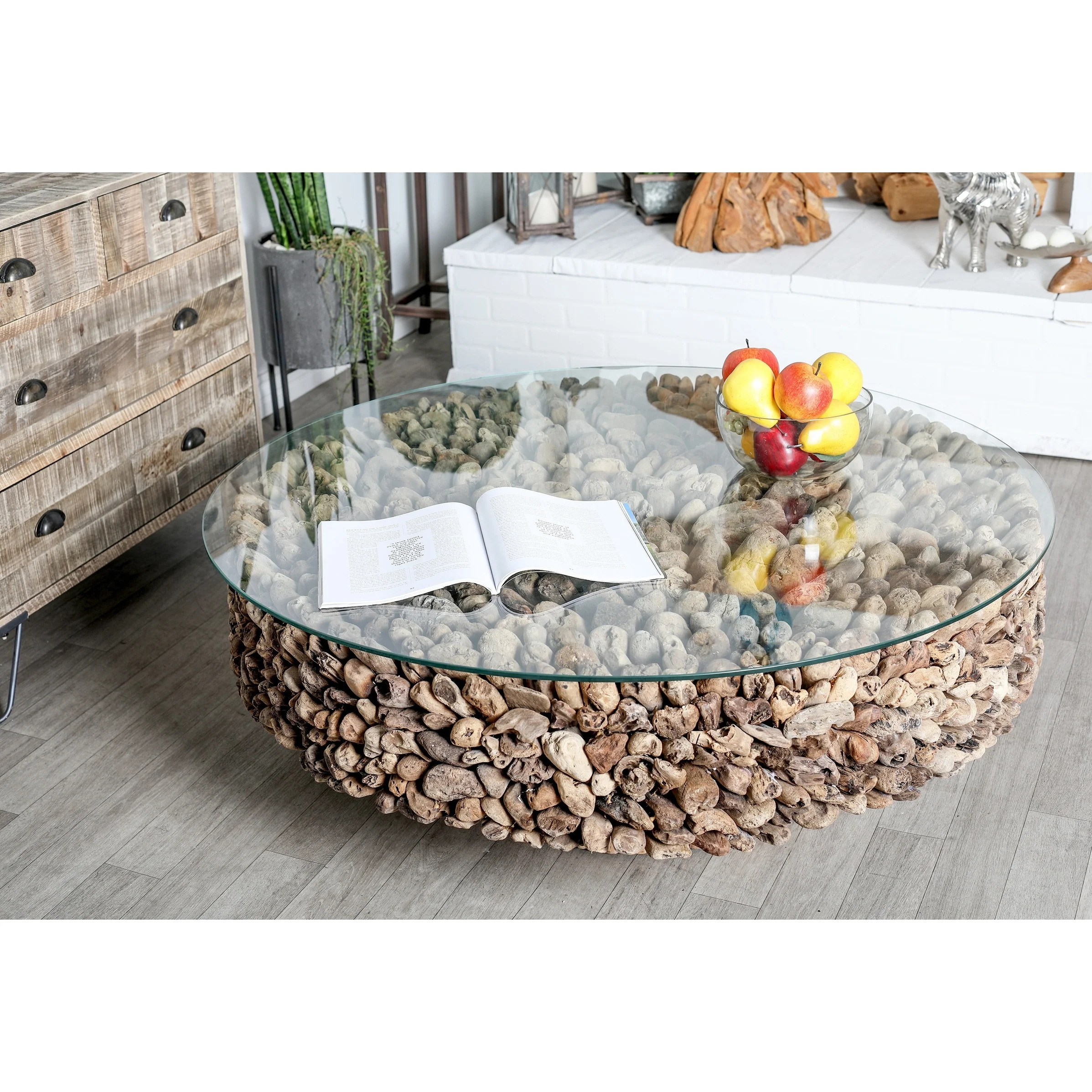 Brown Driftwood Handmade Stacked Collage Coffee Table with Tempered Glass Top