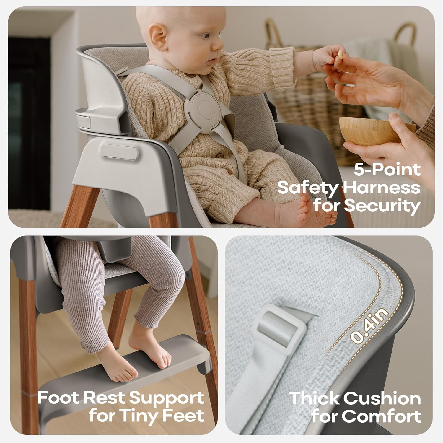Fodoss Baby High Chair, Light Gray, 4-in-1 Foldable Design, Sturdy Metal Square Tube with Wood Grain, Removable Dishwasher Safe Tray, 5-Point Harness, Waterproof Cushion