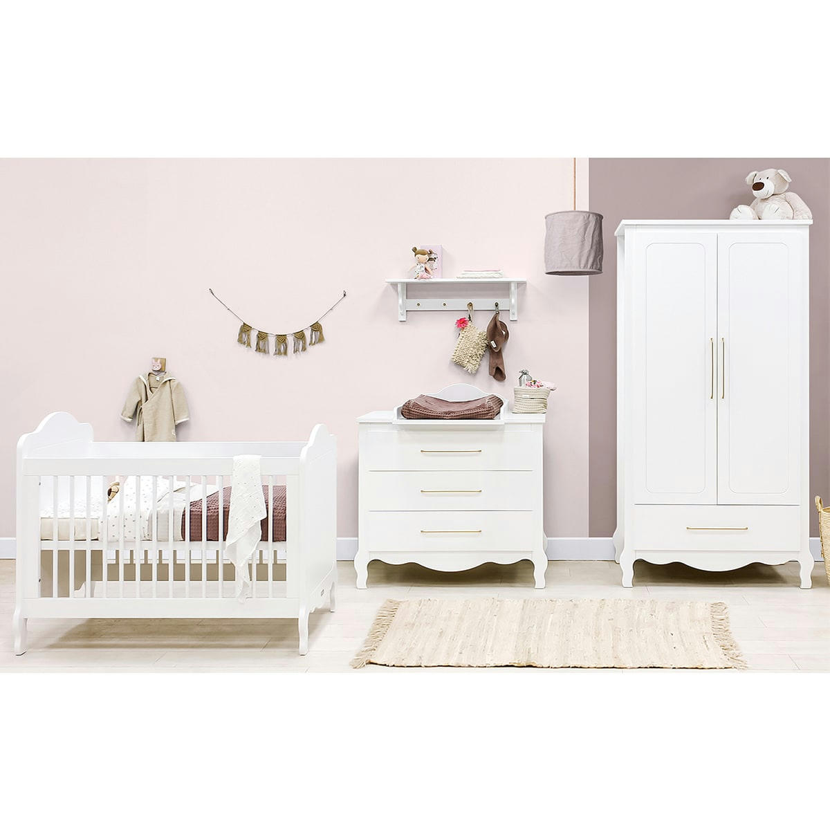 TRIO - ELENA - Chambre bébé : Trio - lit évolutif 70x140 commode armoire blanc