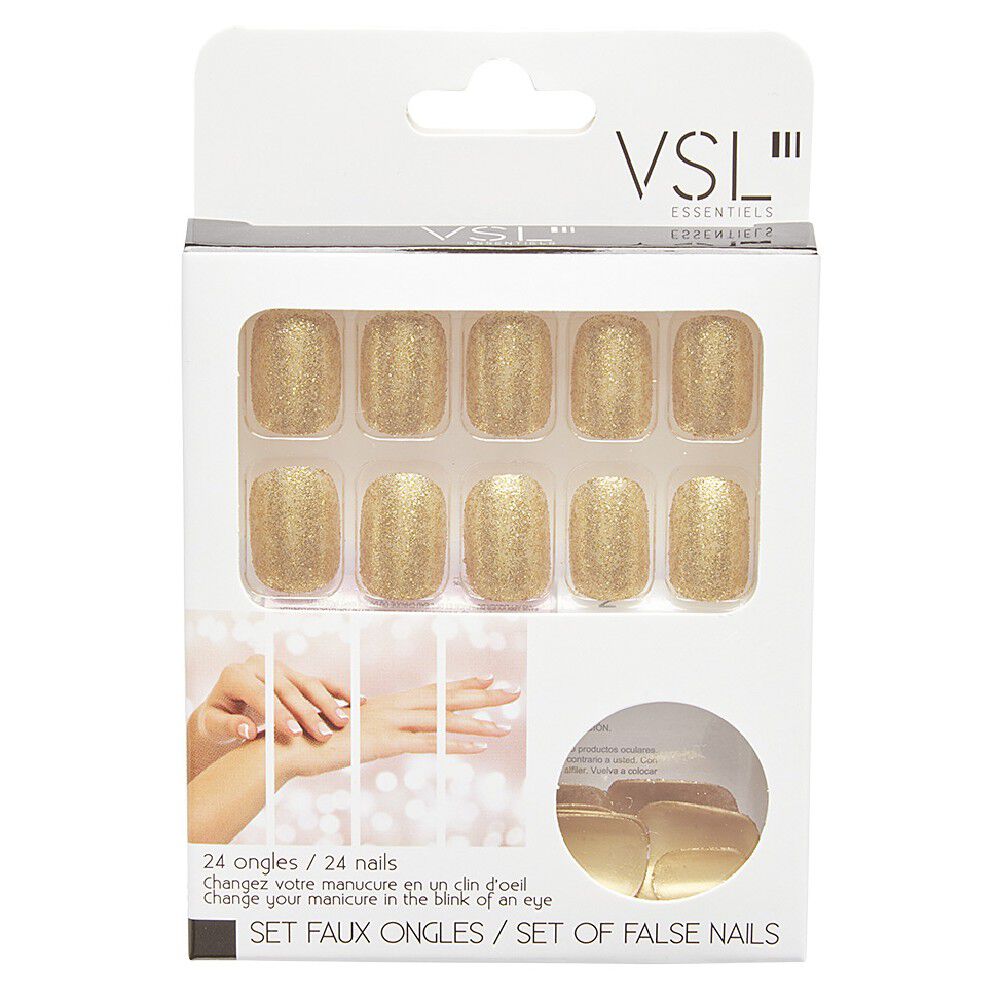 Kit faux ongles pailletés dorés 24 pièces
