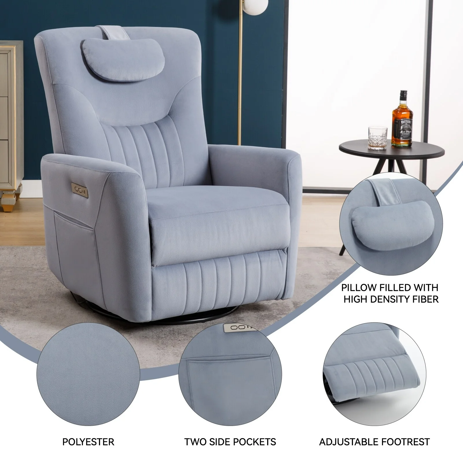 Swivel Rocker Recliner Chair with 270° Swivel, 155° Recline, Rocking Motion, USB and Type-C Charging Ports