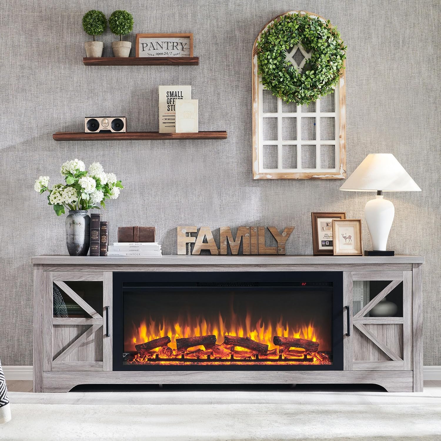 75 Farmhouse Fireplace TV Stand for TVs up to 85, Rustic Entertainment Center with 44 Fireplace Heater, Adjustable Storage Cabinets, Barn Door TV Console with Fireplace, Gray