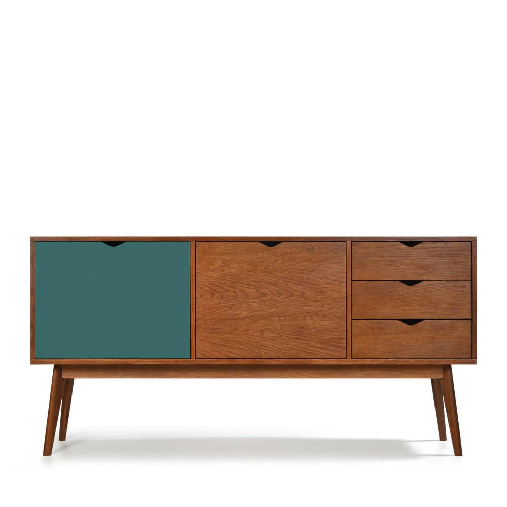 STRÖM - Buffet design 2 portes 3 tiroirs teinté noyer L170 cm porte vert eucal