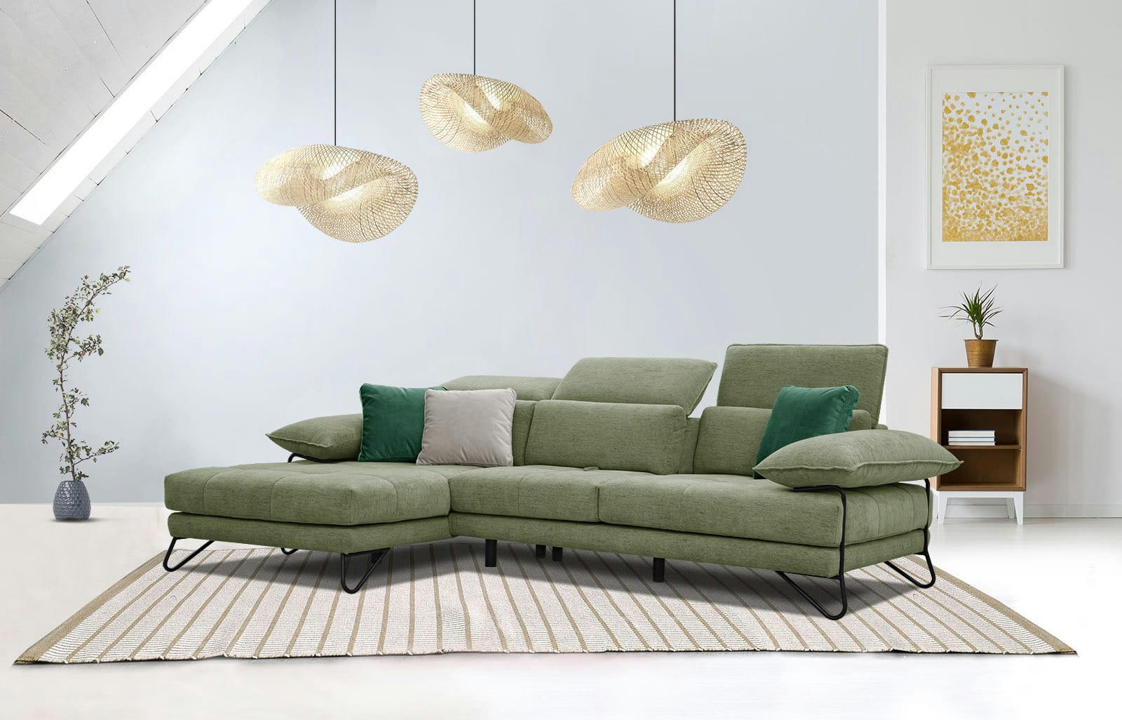 NORDEN - Canapé d'angle gauche 4 places en tissu vert avec coussins déco