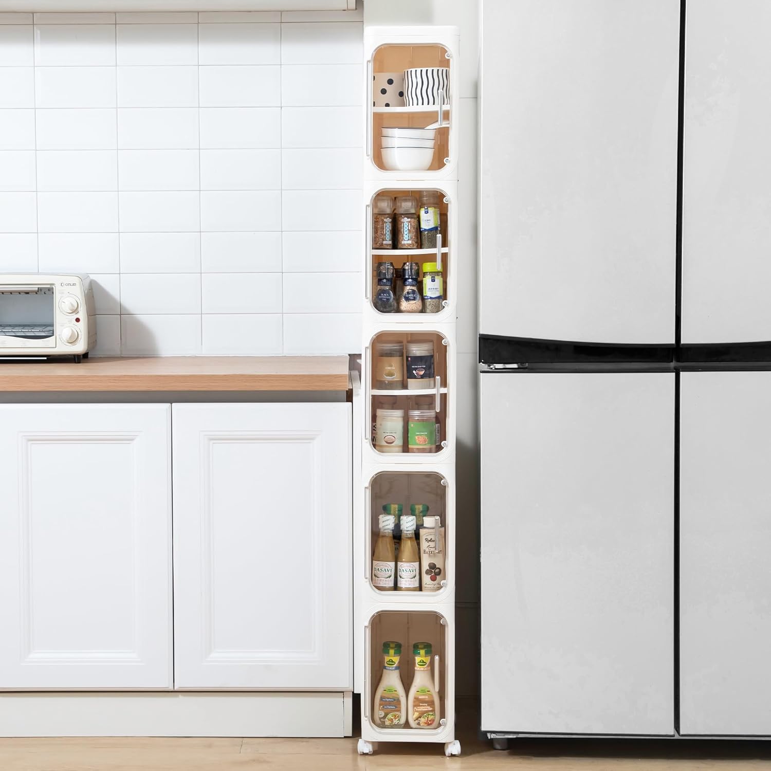 Narrow Bathroom Storage Cabinet with Wheels,5-Tier Plastic Slim Cabinets with Adjustable Shelves for Small Spaces,Bathroom, Kitchen, Cream White