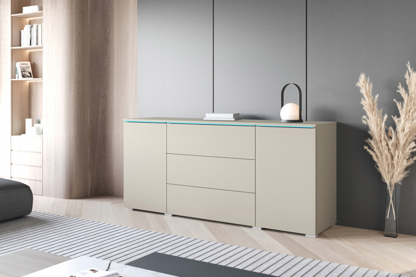 Nowoczesna komoda 150 cm do salonu 3 szuflady i 2 szafki kaszmir beż
