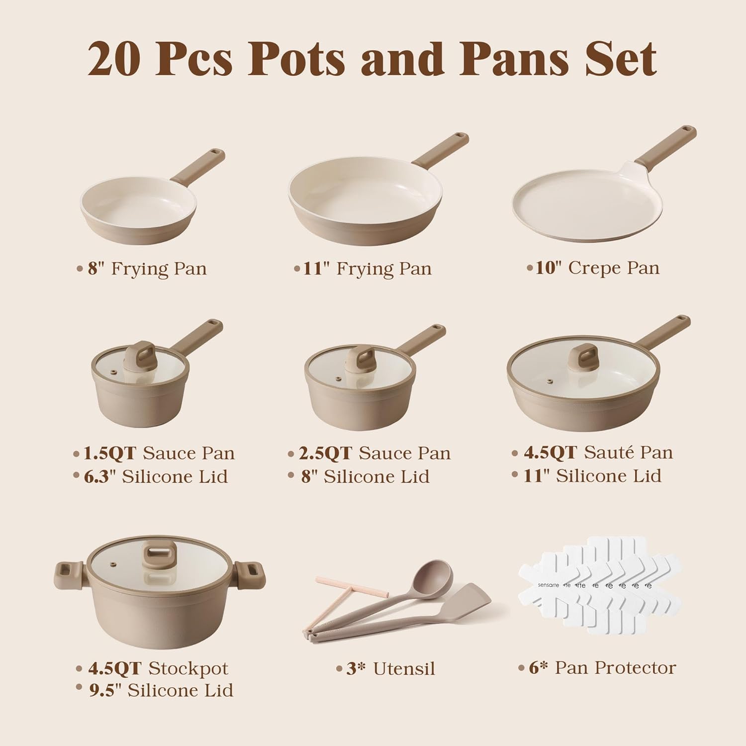 SENSARTE 20Pcs Pots and Pans Set Nonstick, Ceramic Cookware Set Non Stick, Non-toxic Healthy Kitchen Cooking Set, Induction Compatible, Dishwasher Safe, PFAS/PTFE/PFOA Free, TAUPE