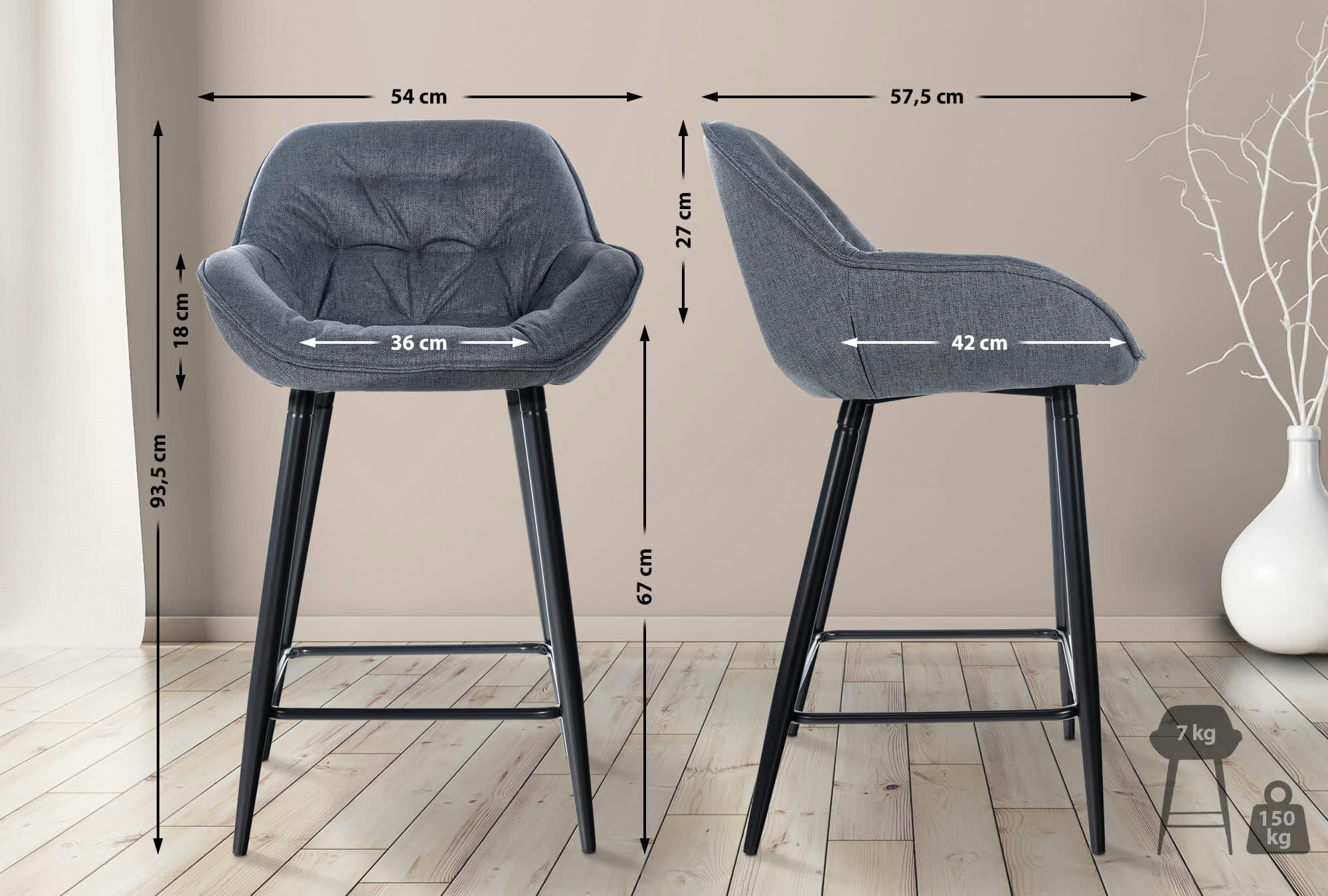 GIBSON - Lot de 2 Tabourets de bar Avec accoudoirs tissu Gris