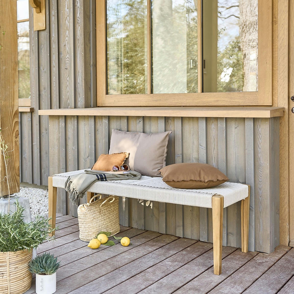 LIVIE - Banc de jardin en teck massif et cordage beige