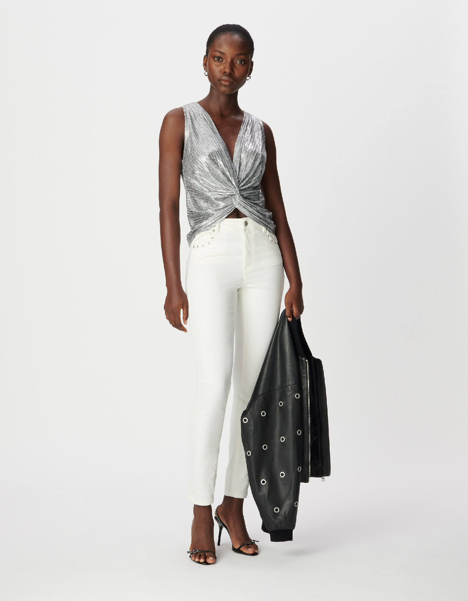 Tee-shirt sans manches gris argenté nœud dos Femme