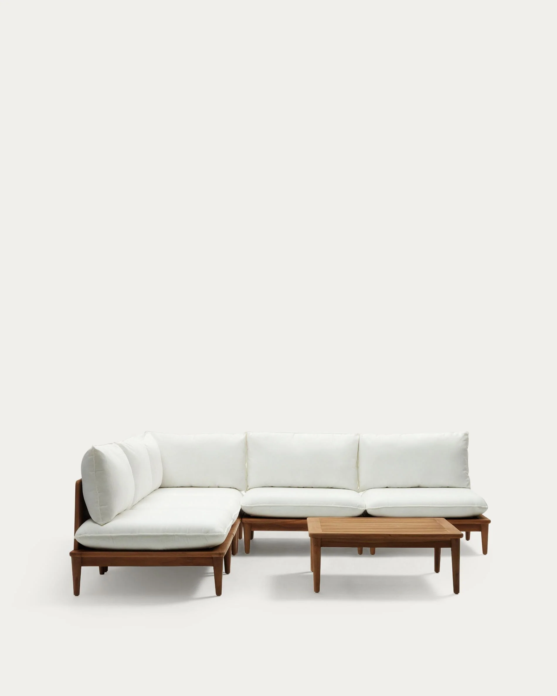 Portitxol set of 1 corner armchair, 4 modular armchairs and coffee table in solid teak