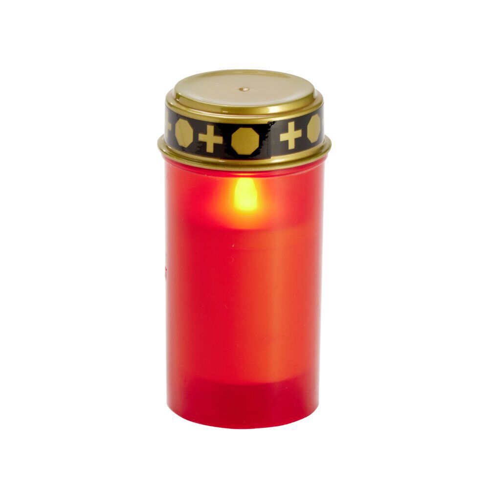 Bougie funéraire solaire plastique rouge et couvercle métal doré Ø7xH12cm