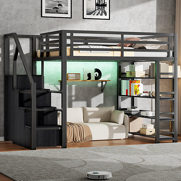 Lit mezzanine en métal 140x200cm - avec LED - échelle de rangement - avec armoire et étagères - Noir ( sans matelas)