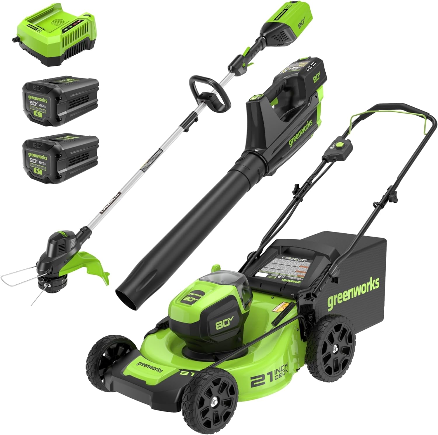 Greenworks 80V 21” Brushless (Push) Cordless Electric Lawn Mower + (500 CFM) Axial Leaf Blower + 13” String Trimmer (75+ Compatible Tools)  (2) 2.0Ah Batteries and 30 Minute Rapid Charger