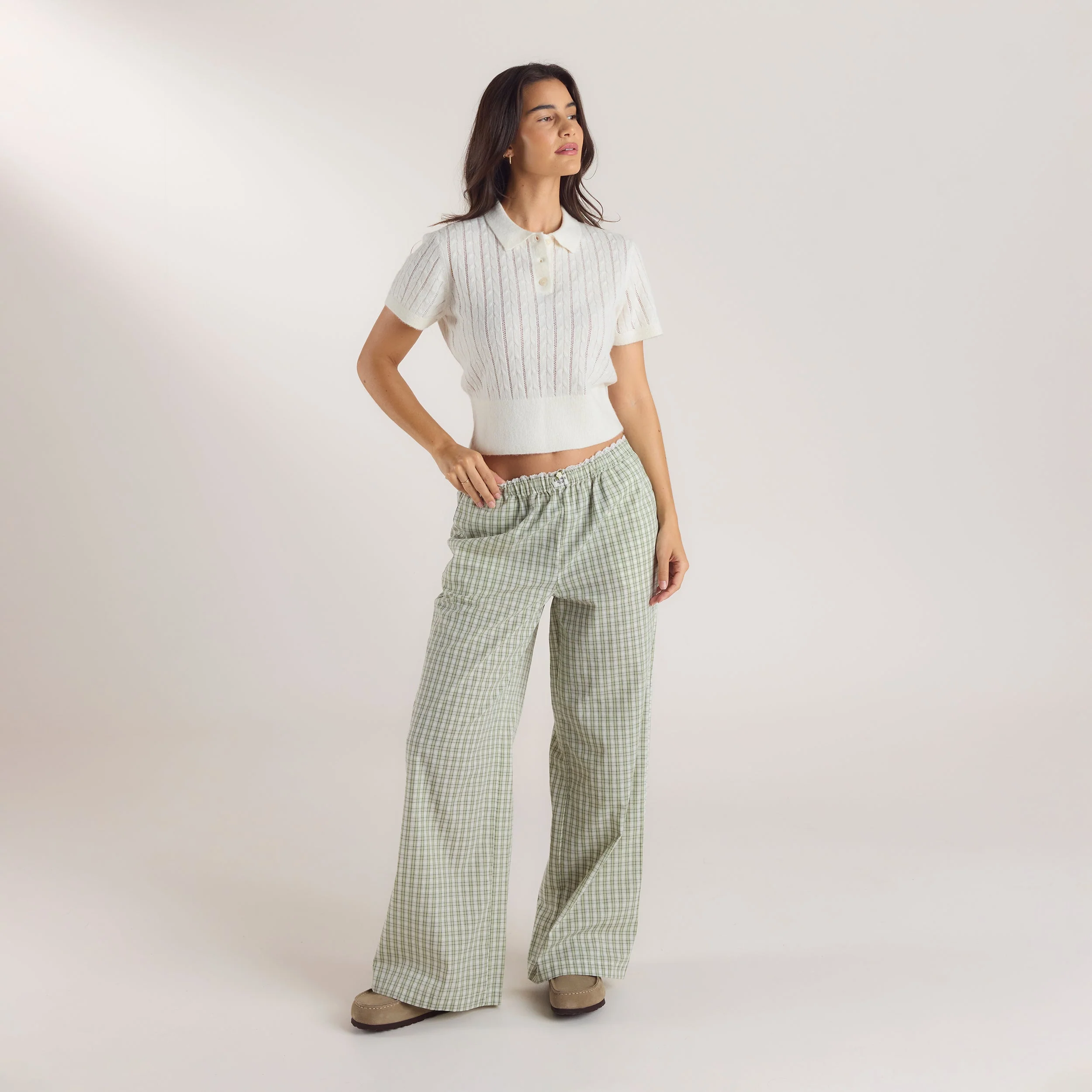 Check Cotton Trousers - Green