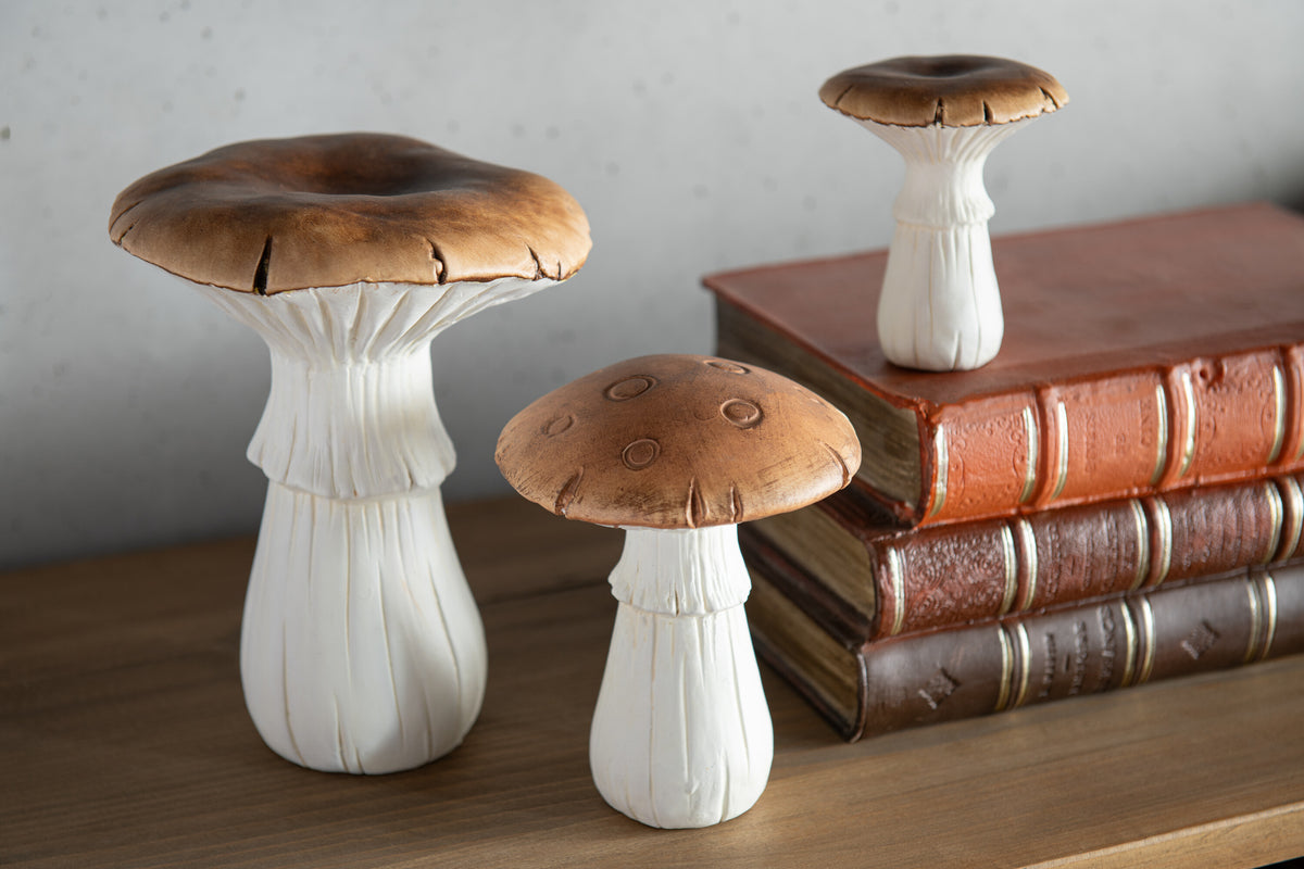 J-Line decoratie Paddenstoel - porselein - wit/bruin - medium - 2 stuks