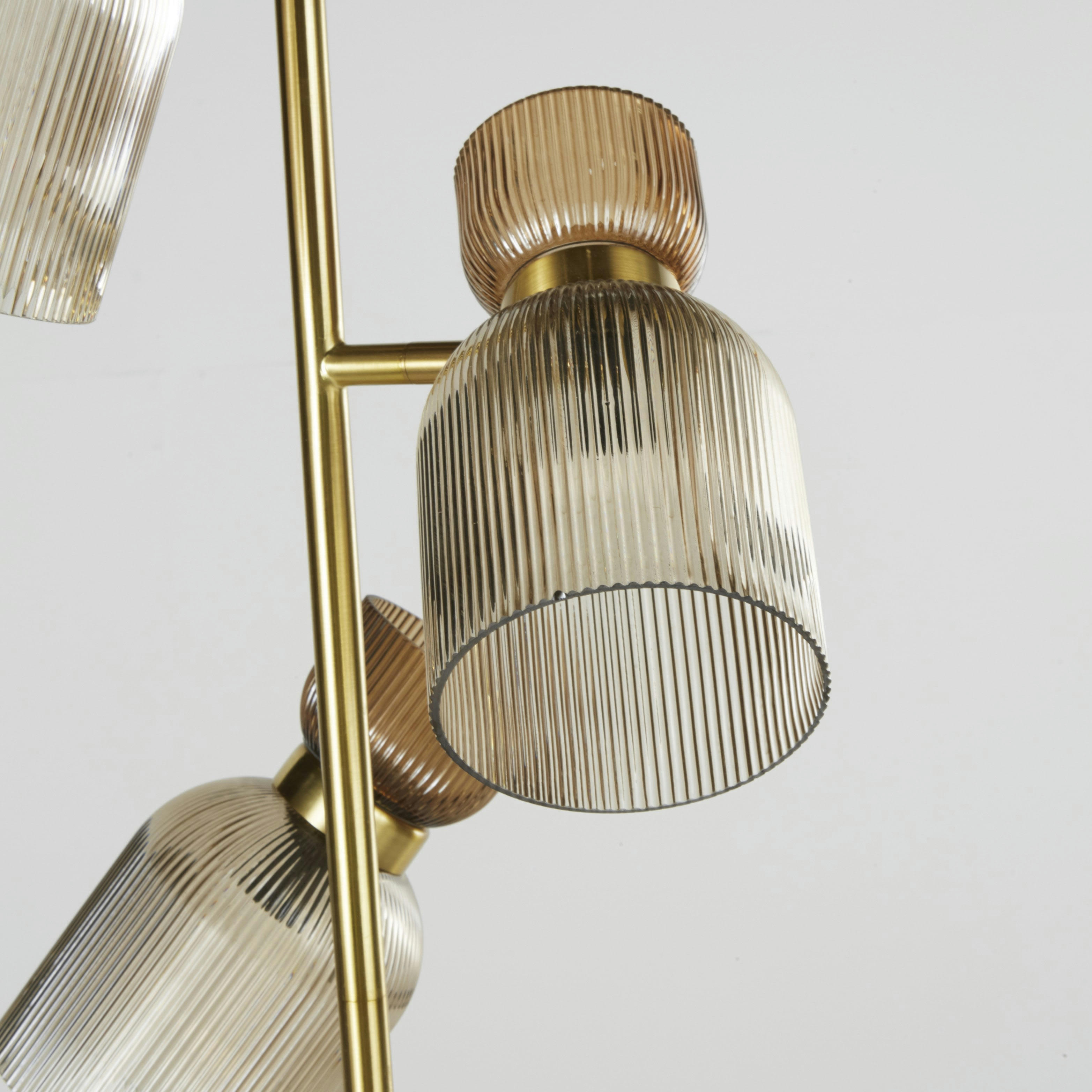BALENCIA - Lampadaire en métal doré 3 abat-jours en verre strié H160