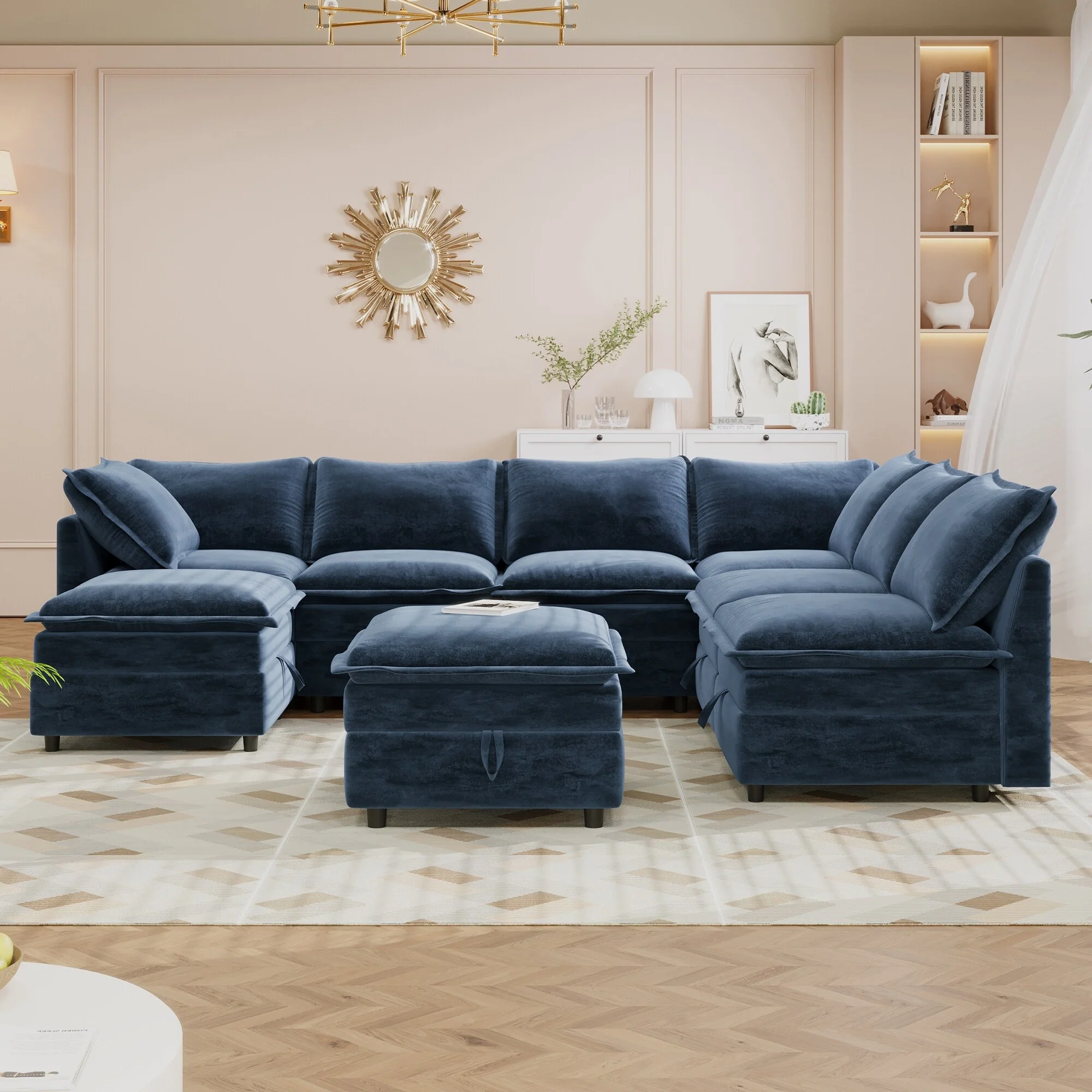 Full Storage Sectional Sofa Set 8-Piece Modular Sleeper Sofa Bed, Deep Seat Chaise Lounge with 2 Ottomans for Living Room