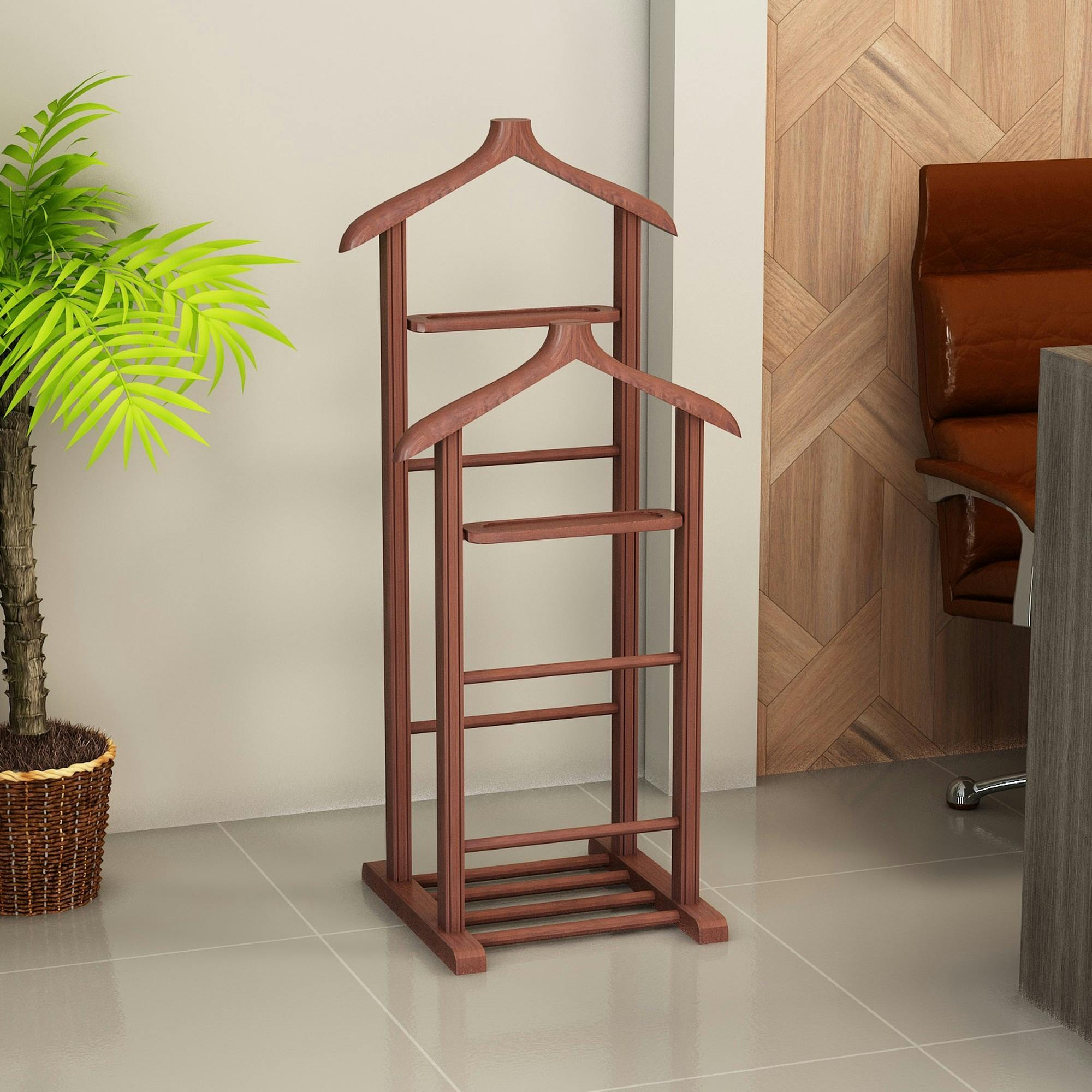 Valet de chambre double - bois marron, vide-poches SITIA