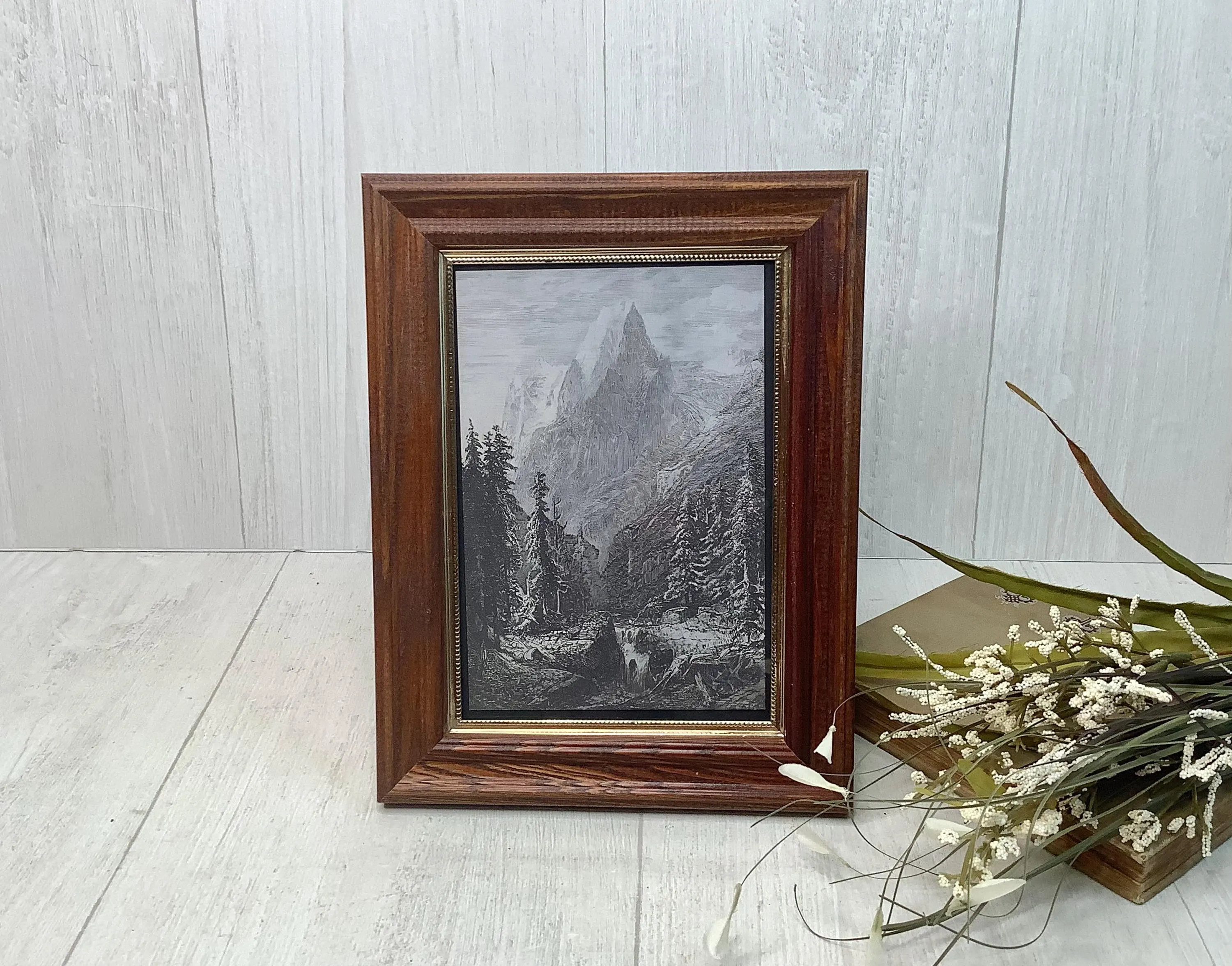 Vintage Wood Framed Black & White Mountain Print/ Wooden Frame w/ Gold Trim/ Landscape Mountain Sketch-Style Framed Artwork/ Rustic Decor