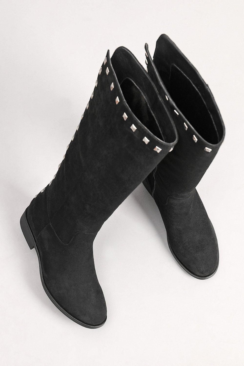 IVACHY Fashion Studs Smart Flat Knee Suede High Boots with Zip Closure