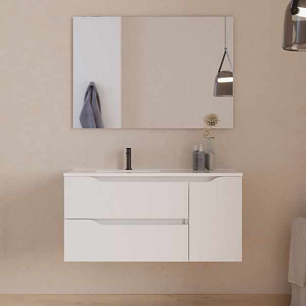 Meuble de salle de bain 100cm avec vasqueà gauche - sans miroir - 2 tiroirs et 1 placard - blanc - ZARZA