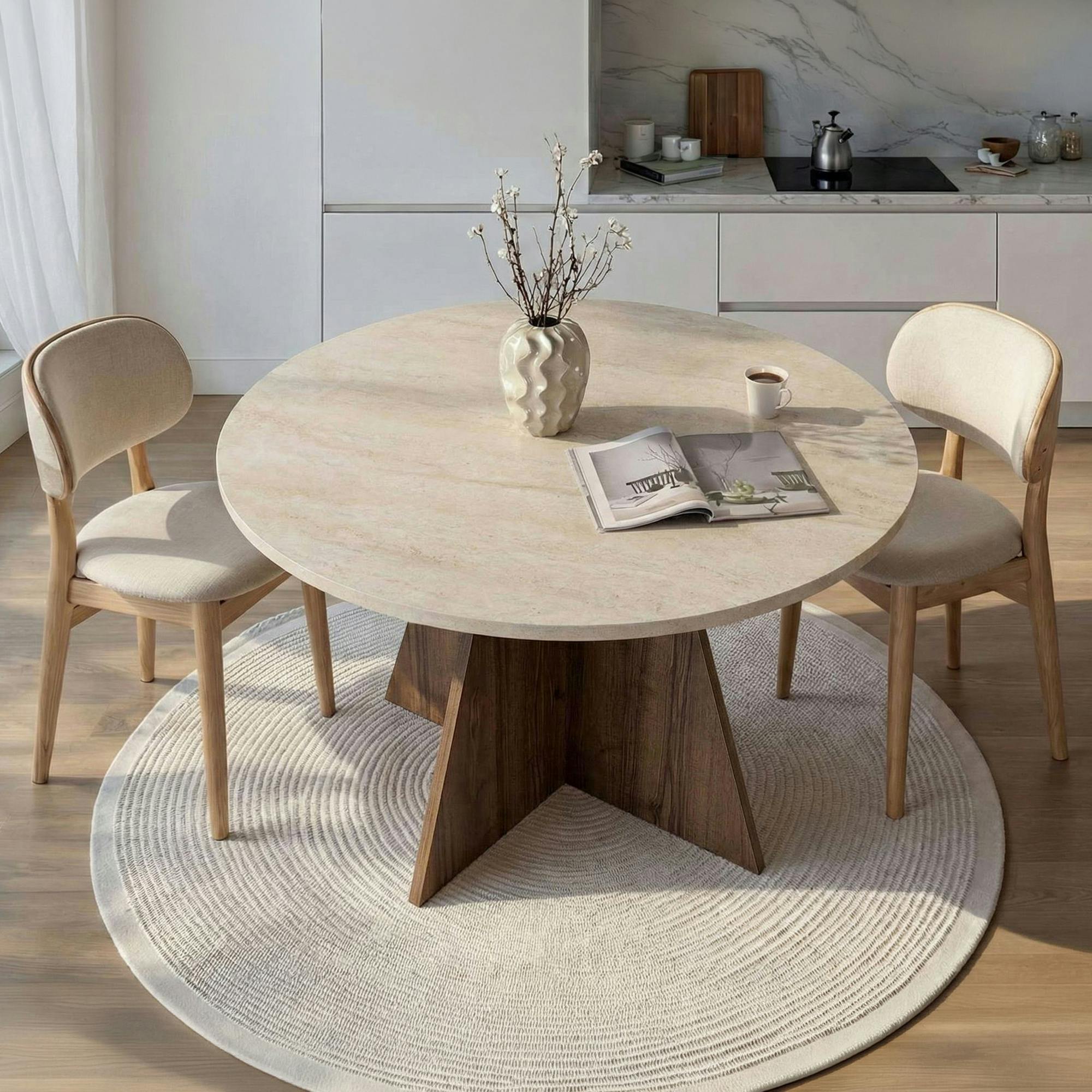 Table à manger ronde décor travertin et noyer Ø120 cm MARFA
