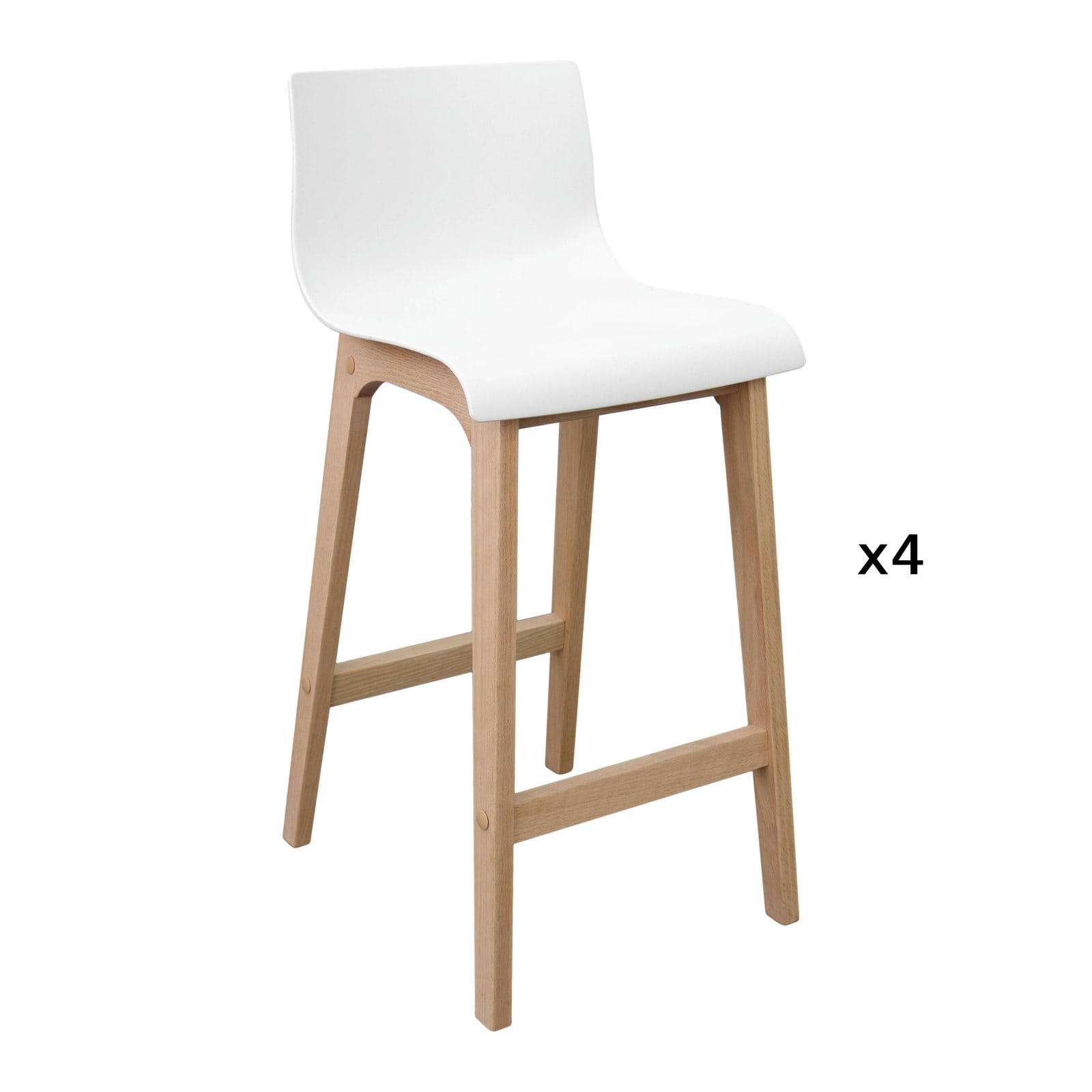 TANNA - Tabourets d'ilot 65 cm  pieds chêne assise plastique blanc - Lot de 4