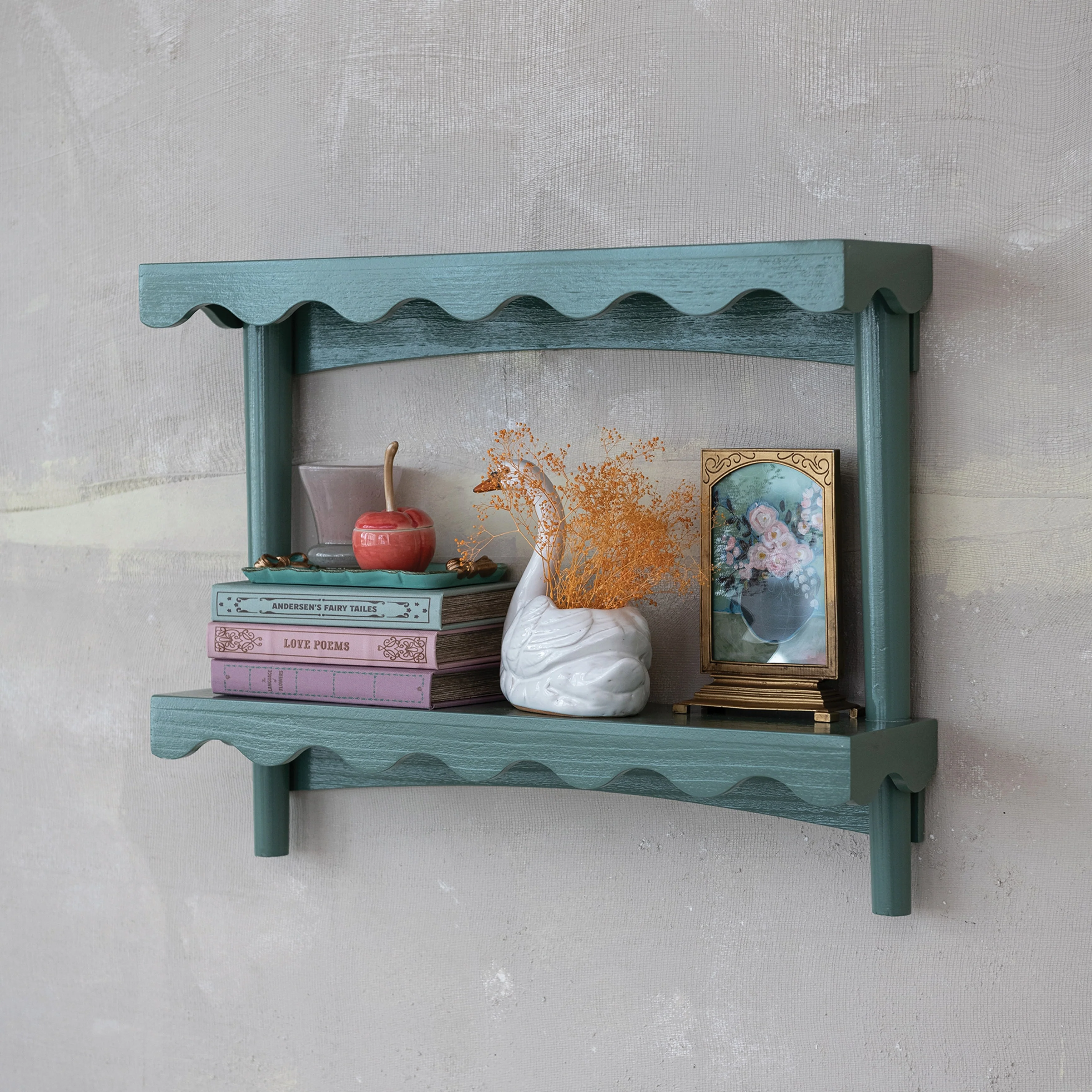 Wood Lacquered Scalloped Wall Shelf with 2 Shelves, Eucalyptus Color - 23.6L x 5.9W x 18.9H